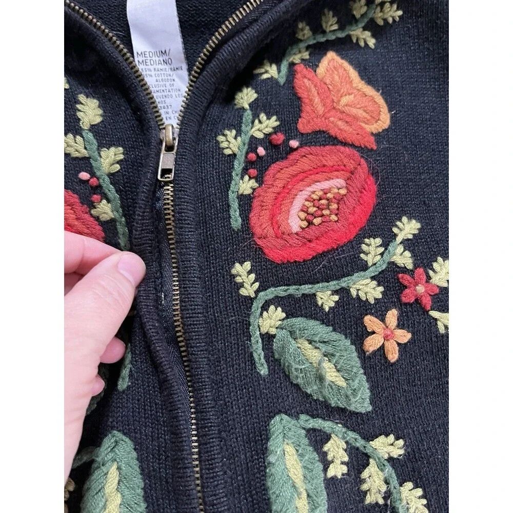 Vintage Tiara International Zip Cardigan Medium Embroidered Granny Cottage Ramie